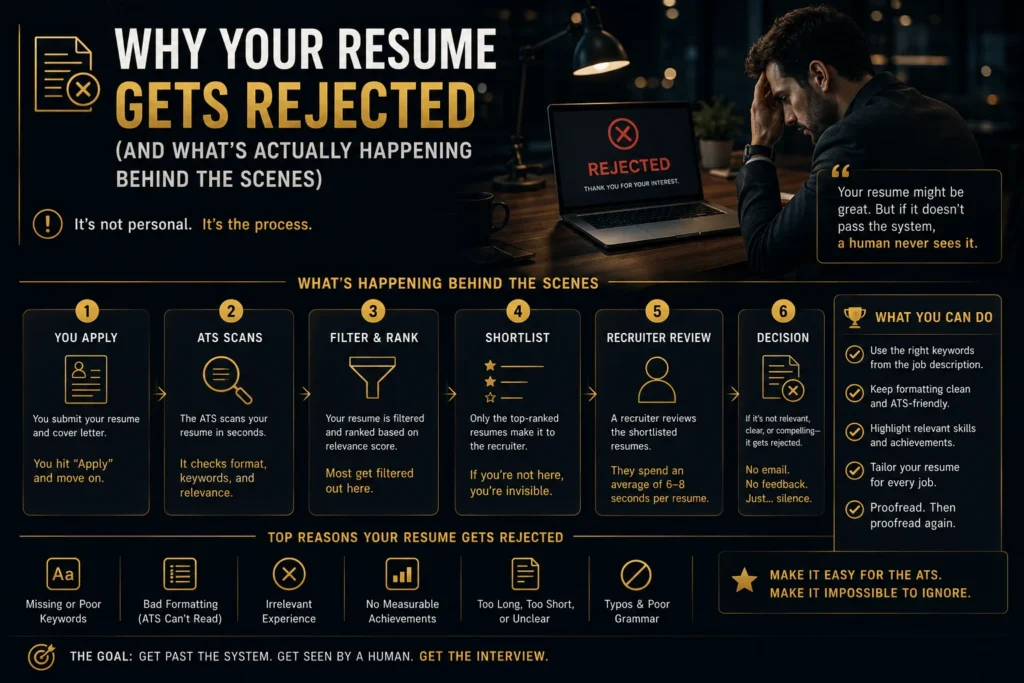Dark infographic showing why resumes get rejected by applicant tracking systems and recruiters, including the ATS screening process and common resume rejection reasons.