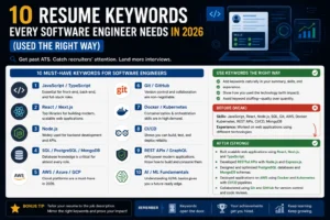 Infographic showing the 10 most important resume keywords for software engineers in 2026 with ATS optimization tips and keyword usage examples.