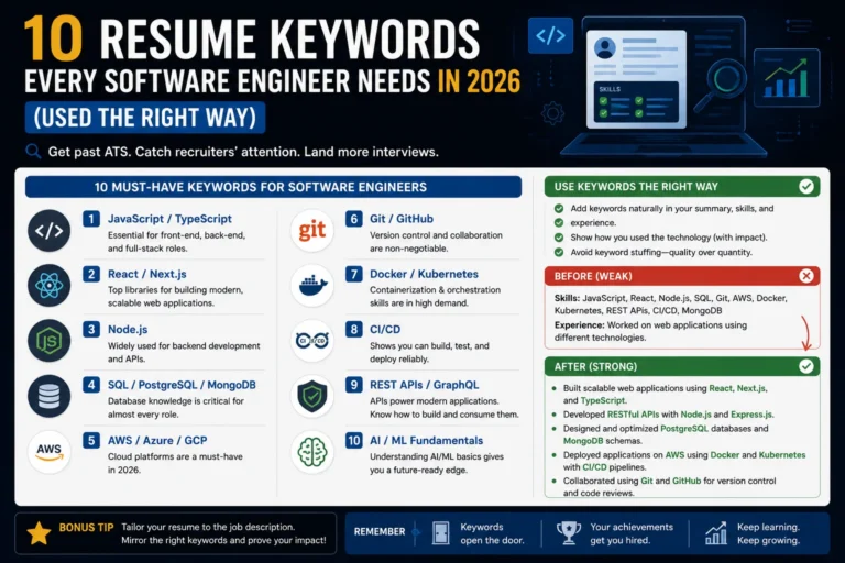 Infographic showing the 10 most important resume keywords for software engineers in 2026 with ATS optimization tips and keyword usage examples.