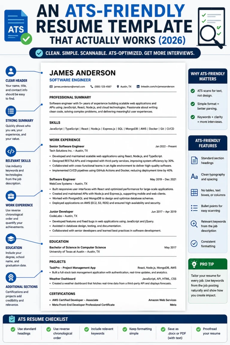 ATS-friendly resume template showing the ideal resume layout, section headings, and formatting to improve applicant tracking system compatibility.