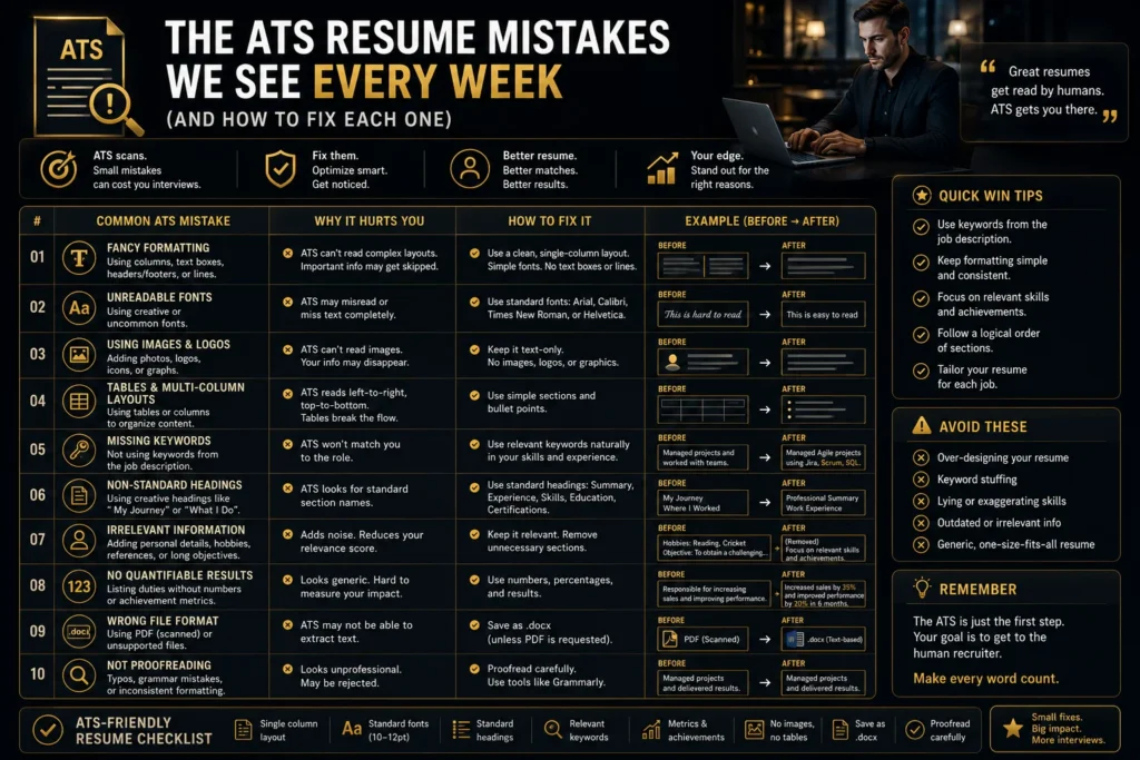 Premium infographic showing the most common ATS resume mistakes and practical fixes to improve resume compatibility with applicant tracking systems.