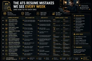 Premium infographic showing the most common ATS resume mistakes and practical fixes to improve resume compatibility with applicant tracking systems.