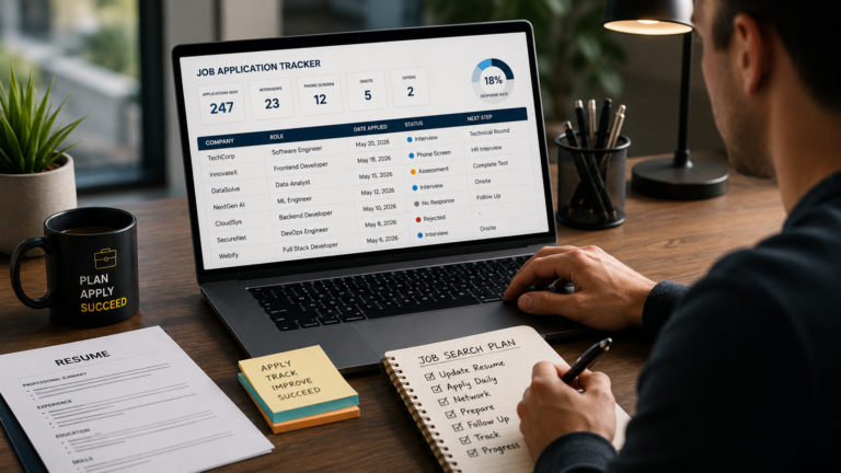 Professional tracking job applications on a laptop to improve hiring success in 2026.