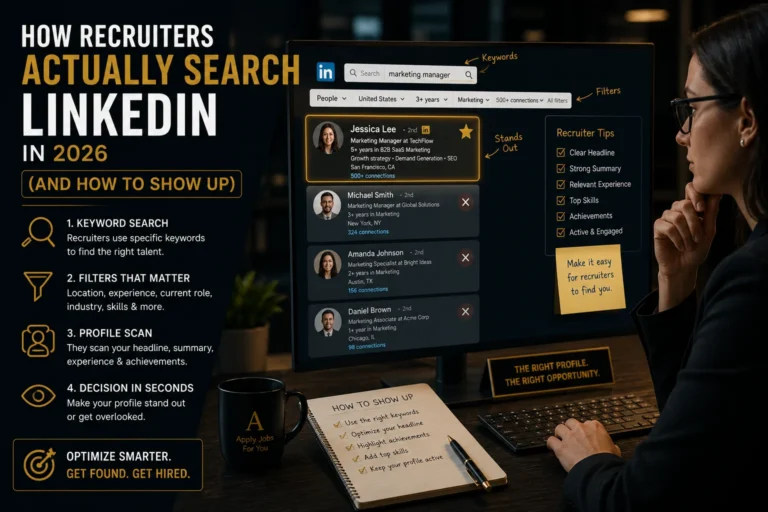 Recruiter searching LinkedIn with keywords and filters to find qualified job candidates for open positions.