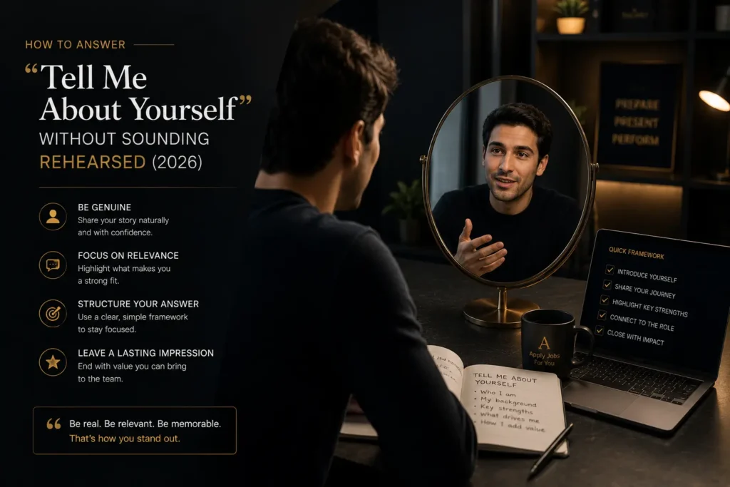 Job candidate practicing a "Tell Me About Yourself" interview answer in front of a mirror before a professional job interview.