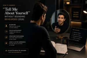 Job candidate practicing a "Tell Me About Yourself" interview answer in front of a mirror before a professional job interview.