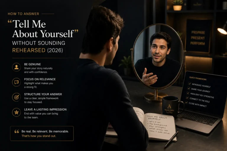 Job candidate practicing a "Tell Me About Yourself" interview answer in front of a mirror before a professional job interview.
