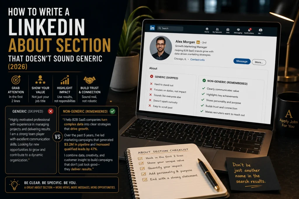 Professional LinkedIn profile showing a compelling About section compared with a generic profile summary to help job seekers attract recruiters.