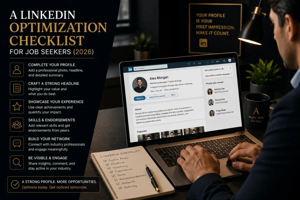 Job seeker optimizing a LinkedIn profile on a laptop using a professional LinkedIn optimization checklist to attract recruiters.