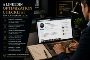 Job seeker optimizing a LinkedIn profile on a laptop using a professional LinkedIn optimization checklist to attract recruiters.