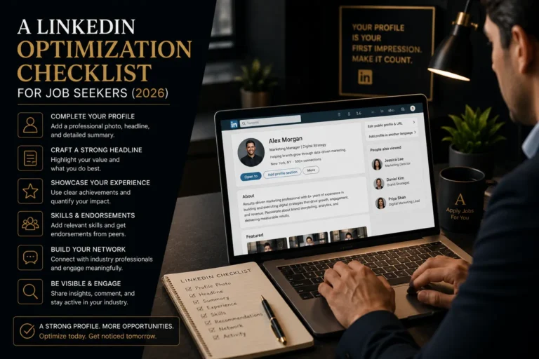 Job seeker optimizing a LinkedIn profile on a laptop using a professional LinkedIn optimization checklist to attract recruiters.