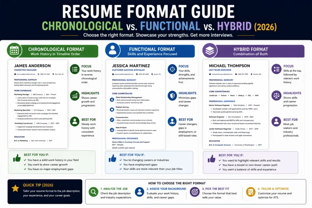Comparison of chronological, functional, and hybrid resume formats showing the best use case, structure, and advantages for each resume type.