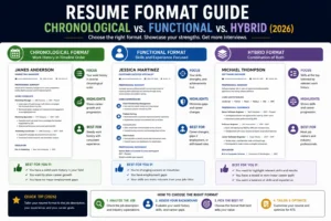 Comparison of chronological, functional, and hybrid resume formats showing the best use case, structure, and advantages for each resume type.