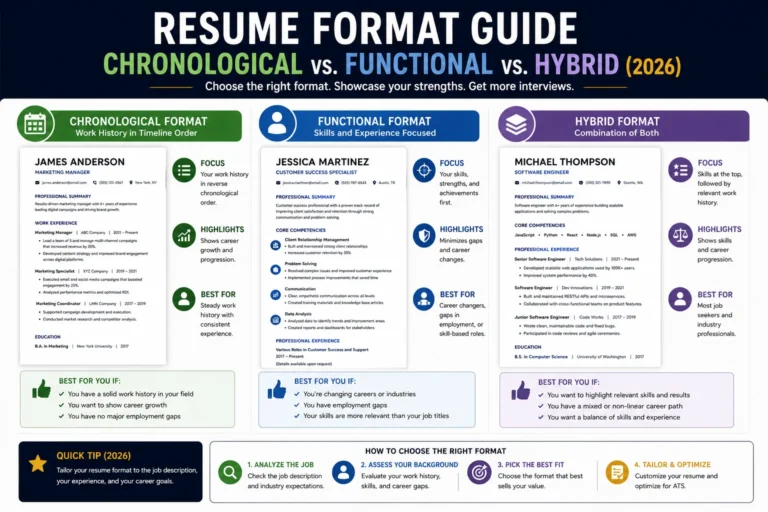 Comparison of chronological, functional, and hybrid resume formats showing the best use case, structure, and advantages for each resume type.