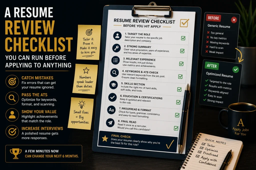 Professional resume review checklist showing key steps to optimize a resume before submitting a job application.