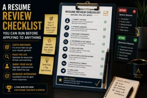 Professional resume review checklist showing key steps to optimize a resume before submitting a job application.