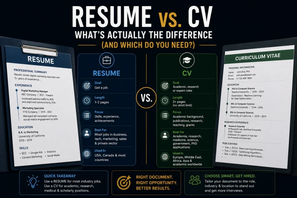 Side-by-side comparison of a professional resume and curriculum vitae (CV) highlighting the key differences, purpose, and when each document should be used.