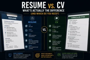 Side-by-side comparison of a professional resume and curriculum vitae (CV) highlighting the key differences, purpose, and when each document should be used.