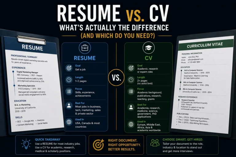 Side-by-side comparison of a professional resume and curriculum vitae (CV) highlighting the key differences, purpose, and when each document should be used.