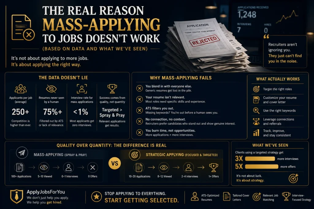 Premium infographic comparing mass-applying to jobs with a targeted job search strategy, showing why customized applications generate more interviews and job offers.