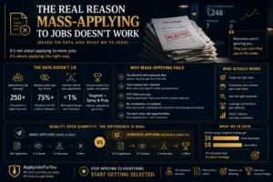 Premium infographic comparing mass-applying to jobs with a targeted job search strategy, showing why customized applications generate more interviews and job offers.