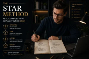 Job candidate using the STAR method framework to prepare structured interview answers with real examples before a job interview.