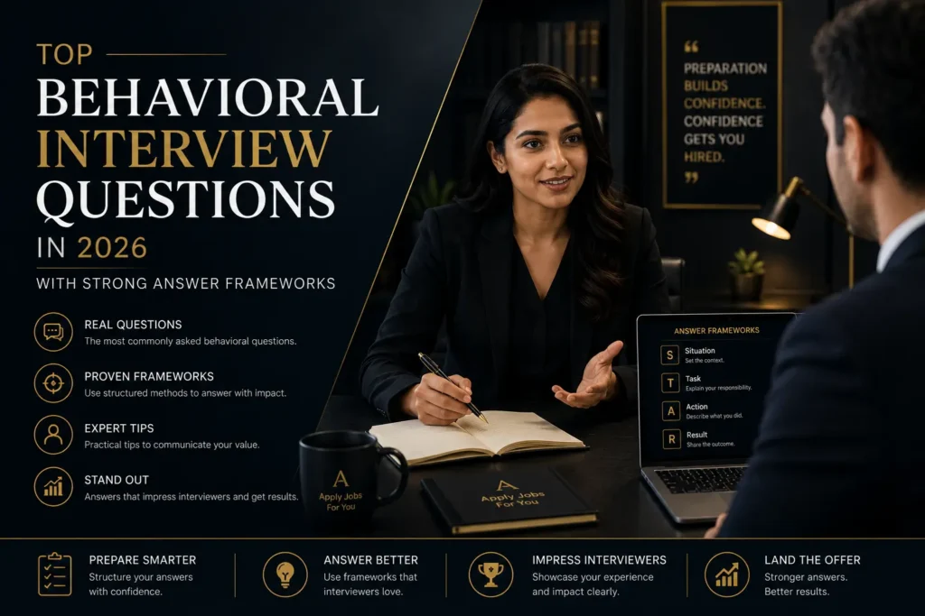 Professional candidate answering behavioral interview questions during a corporate job interview using the STAR method.