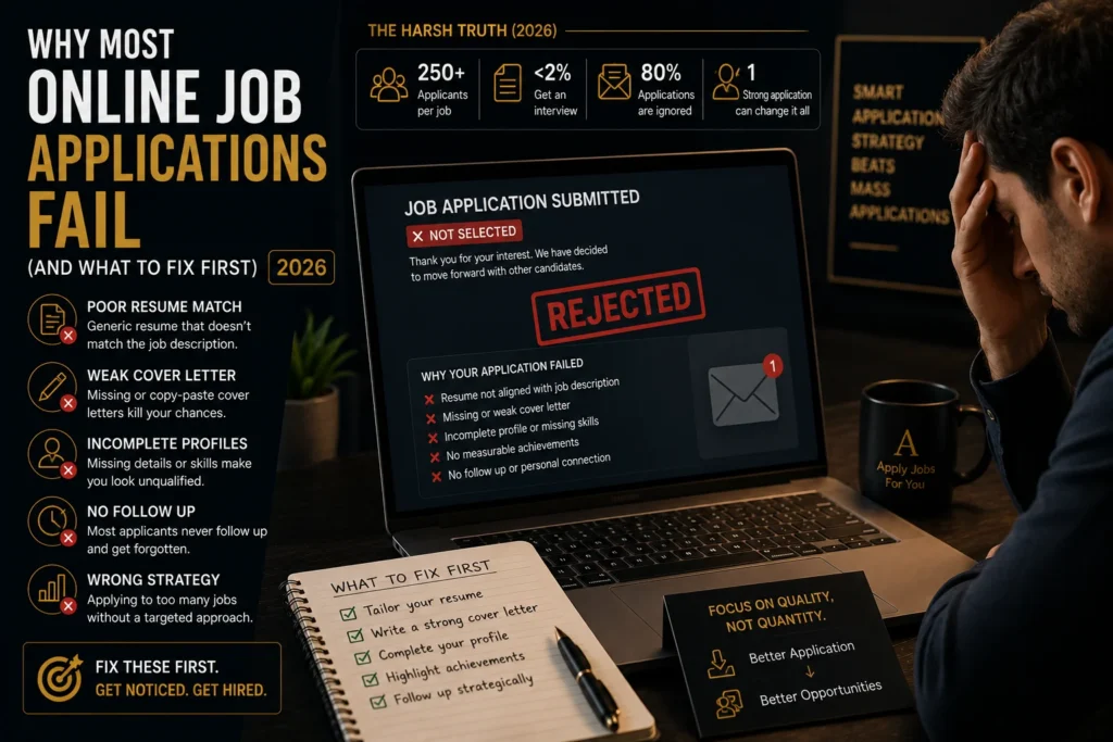 Job seeker reviewing a rejected online job application with a checklist showing the most common reasons applications fail and how to improve them.