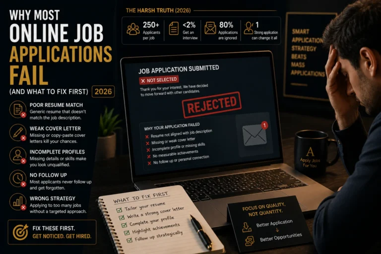 Job seeker reviewing a rejected online job application with a checklist showing the most common reasons applications fail and how to improve them.